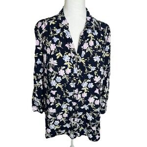 J.Jill Women Rayon Blue White Green Floral Button Down Shirt XL 3/4 Sleeve